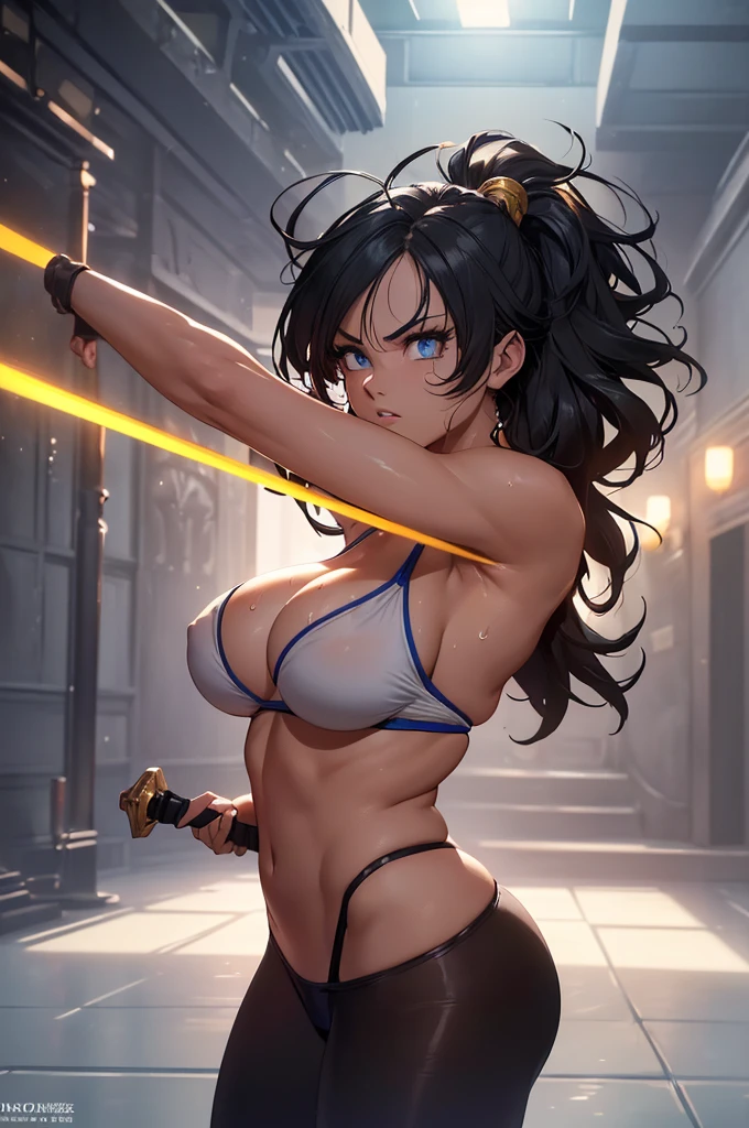Highest quality,4K,High resolution,masterpiece:1.2), (Ultra-detailed), (Female swordsman with sword) (Dynamic Art), (He saw) (Dragon Ball Z setting), (pose), (Realist,photoRealist,photo-Realist:1.37), (High resolution,High resolution), (Portraiture), (Vibrant colors), (Long legs), (A noticeably elongated face), (Wide range) (Hermosos Fine grain), (Beautifully detailed lips), (Highly detailed eyes and face), , Bright eyes Dynamic angles and postures, Sweatびっしょり, Sweat, (Long eyelashes), (Sharp focus), (Physically Based Rendering), (Beautiful female warrior), (Large Breasts) (Leg spread), (intense), (expression of intense desire), (Motion Blur), (elegant), (Slim figure), (Inspired by anime), (Bright light), (Cinema Lighting), (Contrasting colors), (Mysterious atmosphere), (Action-packed scenes), (Unique Look), (impressive), (good looking), (Exciting), (Expressive), (Interesting atmosphere), (Huge breasts:1.2) ((Highest quality)),((Very detailed)),masterpiece,Absurd,Detailed face,Beautiful Face,(Fine grain, Deep Eyes),(1 person),((Dynamic pose)), Bikini Armor,Inside the cave,In battle with monsters,