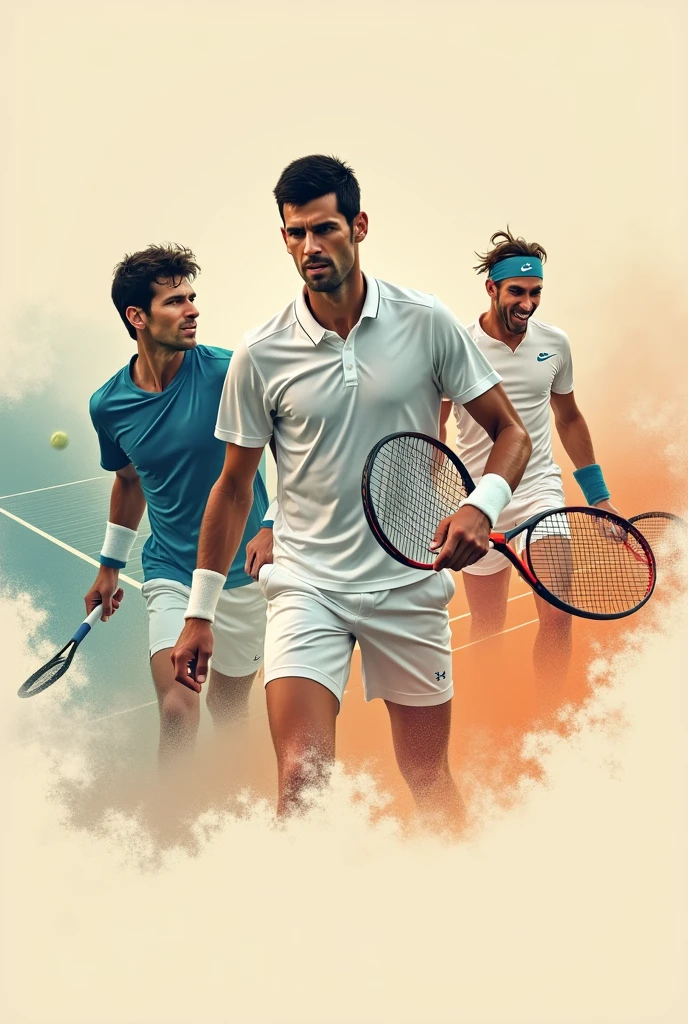 Artistic and slightly minimalist poster with soft colors with the phrase: “The winner is the one who believes in victory more” junto a Novak Djokovic, Sinner and Nadal playing a match on a tennis court.