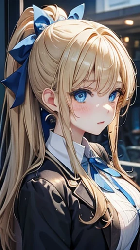 Blonde,Long ponytail,Very curly ponytail,Two hairpins,Blue ribbon,Bright blue eyes,a little freckles,Big Breasts,teenager,