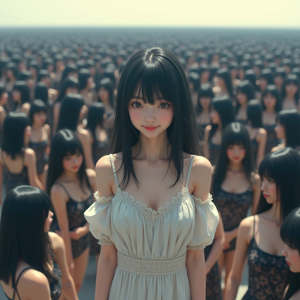 (((((Japanese Clone girls=Myself)))))), (((Best Super High quality Myself Clone girls Raw Photography Art))), (16K, Highest quality, Ultra-high resolution, RAW Photos), (((It's so unrealistic., With unparalleled depiction, With an unfathomable sight, An unprecedented and shocking worldview, Clone girls in a world of mass reproduction, Ultra-realistic))), (((Japanese, woman, 20yo, Saito-Asuka))), (Small face, ((Thick black hair, Semi-long hair))), ((V-neck short-sleeve dress)), (((((Very detailed美しい女体, Accurate body structure, Very detailed完璧な, Super busty body with very large breasts, Clearly emphasizes cleavage))))), (((Dark Eyes, Mature face, Cute Smile, A gentle gaze))), (((Her happy and smiling expression is so cute))), ((((((((Very detailed分身増殖描写, ((1girl→Myself cloning→1,000,000,000,000,000,000,000,000,000,000,000,000,000,000,000,000,000,000,000,000Myself Clone girls)))))))))), ((((((((Very detailed, The precise depiction of the proliferation of Myself Clone girls, ((With the perfectly identical bodies of Myself clone girls, With the exact same face as the Myself clone girls, With the exact same hairstyle as the Myself clone girls, In the exact same clothes as the girls who are my clones, Perfectly the same height as the Myself clone girls, Super big breasts, just like the Myself clone girls)))))))))), (((Myself clone girls only))), (((Very detailed depiction, (A group of Myself clone girls hugging each other, A large gathering of Myself clone girls, Fun conversations among crowds of Myself clone girls, A fun conversation among a crowd of Myself clone girls, Let's have some lovey-dovey sex with a crowd of Myself Clone Girls!, Multiple Myself clone girls walking together in a crowd, turn around, The approaching crowd of Myself)))), (((Everyone looks at the camera))), (((Unbelievably crowded, Transcendent Myself clone girls intimately, Countless Myself clone girls surround you in 360 degrees))), (Bright, soft sunlight), (((Very wide field of view, Very detailed, Detailed ultra-perspective depiction with clear depth, super wide view))), (((((Where the huge crowd of over tens of millions of Myself groups come together))))), (((Very photographic and detailed depiction, Myself clone girls will multiply infinitely and fill the surroundings from one side to the horizon with their bodies tightly packed together without any gaps., A scene of endless Myself clone girls, giving a happy vibe.))), (Focus on the average value of the image)