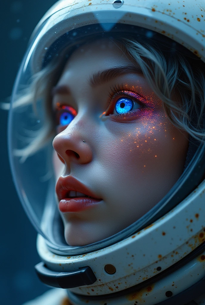 (Close-up of a better masterpiece:1.5)0.9], (Space and astronauts:1.2) (Messy silver hair:1.1) (Heterochromia xanthochromia and blue eyes:1.2) (Space Helmet:1.0) (Colored stars in the eyes:1.0) (A radiant glow:1.1) (thick lips:0.9)