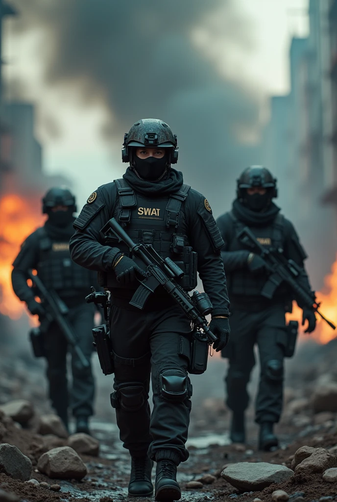 a group of 4 soldiers exiting a burning city, detailed swat uniforms black, smoke, flames, face zoom, focus on the face, rubble, apocalyptic, dystopian, dramatic lighting, gritty, cinematic, muted color palette, (best quality,4k,8k,highres,masterpiece:1.2),ultra-detailed,(realistic,photorealistic,photo-realistic:1.37)