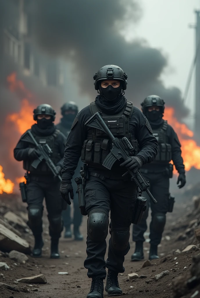 a group of 4 soldiers exiting a burning city, detailed swat uniforms black, smoke, flames, face zoom, focus on the face, rubble, apocalyptic, dystopian, dramatic lighting, gritty, cinematic, muted color palette, (best quality,4k,8k,highres,masterpiece:1.2),ultra-detailed,(realistic,photorealistic,photo-realistic:1.37)