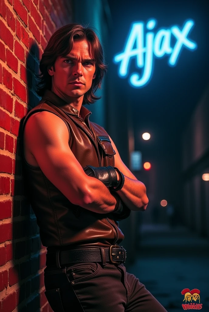 film The Warriors 1979 Stylized poster featuring a man (James Remar) leaning against a red brick wall. The man has white skin, shoulder-length hair and a dark gigachad face with a serious expression. He is wearing a sleeveless brown leather vest, classic retro black genuine leather gloves, middle finger gloves, a black belt with a large buckle and dark pants. His arms are crossed with his foot resting on the wall. The background is a dark blue to black gradient, transitioning into the red brick wall. The word 'AJAX' is displayed in bright blue neon letters in the top right corner. In the bottom right corner, there is a two Spartan helmet logo with the text 'The Warriors' in graffiti style font.