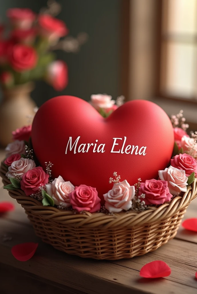 Create a red heart inside a basket on a table decorated with flowers around it with a name in the center of the heart "Maria Elena".