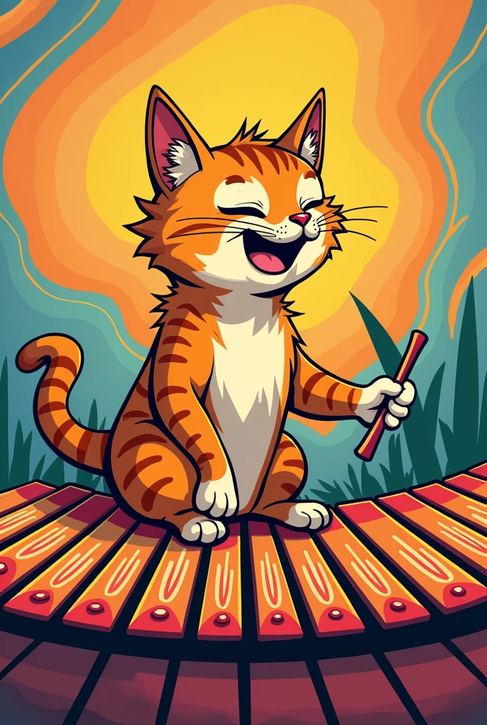 Make a cat with a marimba like a cartoon drawing and expand the image further