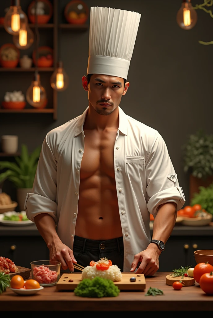 Sexy Japanese Chef with hat qmd shirt off in front of food.