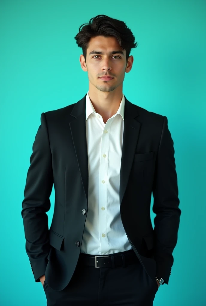 A young man with dark hair, the bread and a confident. He is dressed in a black blazer and tai over a white shirt. The man is positioned against aqua colour backdrop with