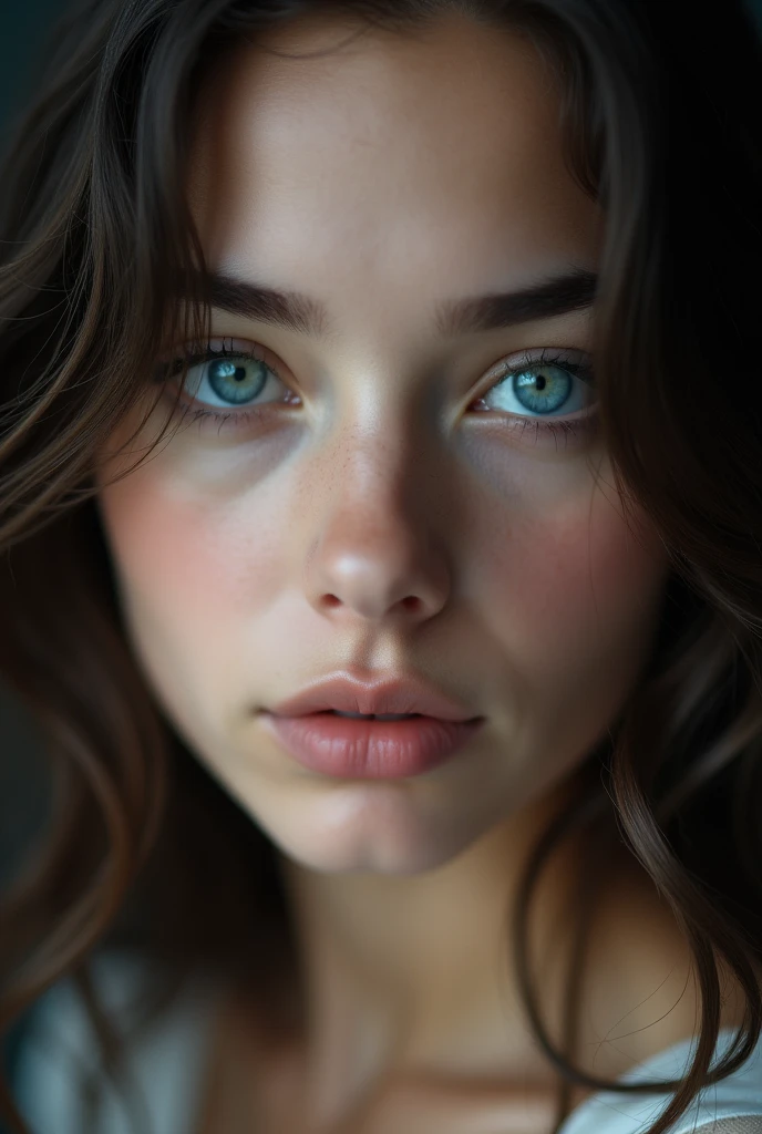 Close-up image of a woman's very blue eyes, with a softened look, super feminine, Dark brown hair, dark background