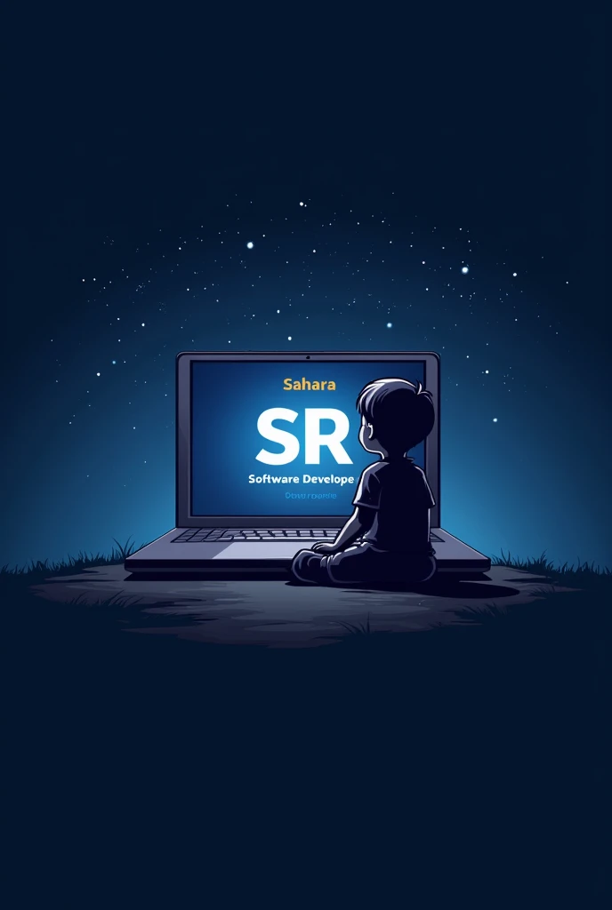 Create a logo for software developer with the name of SAHARA, logo should be present inside a laptop screen should be write software developer in bottom, and there should be letters SR and in background a boy looking at the star in the sky
