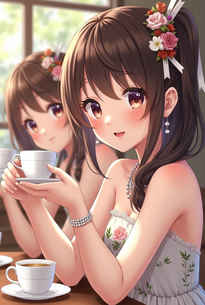 Highest quality、high resolution、Detailed background、Beautiful face in every detail、detailed facial expressions、Detailed eyes、Teenage beauty、cute eye makeup、Put on cute makeup and lipstick、Calm atmosphere、Tea time at a coffee shop、
(Three girls enjoy tea time at a cute cafe.:1.5)、
Flare dress、Strapless dress with pleats and lace、A-line dress with ribbons and floral prints、A clean base color such as white、Ribbon and flower hair accessories、Pearl and gemstone necklace、bracelet、Beautiful but feminine、very beautiful