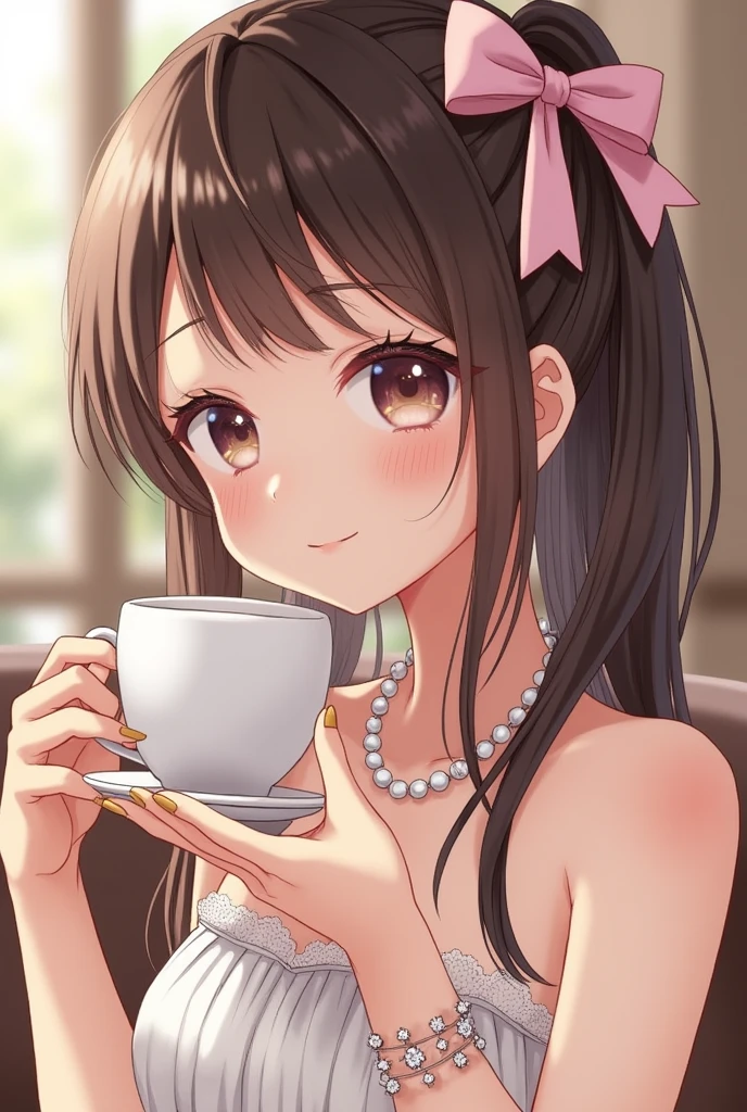 Highest quality、high resolution、Detailed background、Beautiful face in every detail、detailed facial expressions、Detailed eyes、Teenage beauty、cute eye makeup、Put on cute makeup and lipstick、Calm atmosphere、Tea time at a coffee shop、

(Three girls enjoy tea time at a cute cafe.:1.5)、

Flare dress、Strapless dress with pleats and lace、A-line dress with ribbons and floral prints、A clean base color such as white、Ribbon and flower hair accessories、Pearl and gemstone necklace、bracelet、Beautiful but feminine、very beautiful