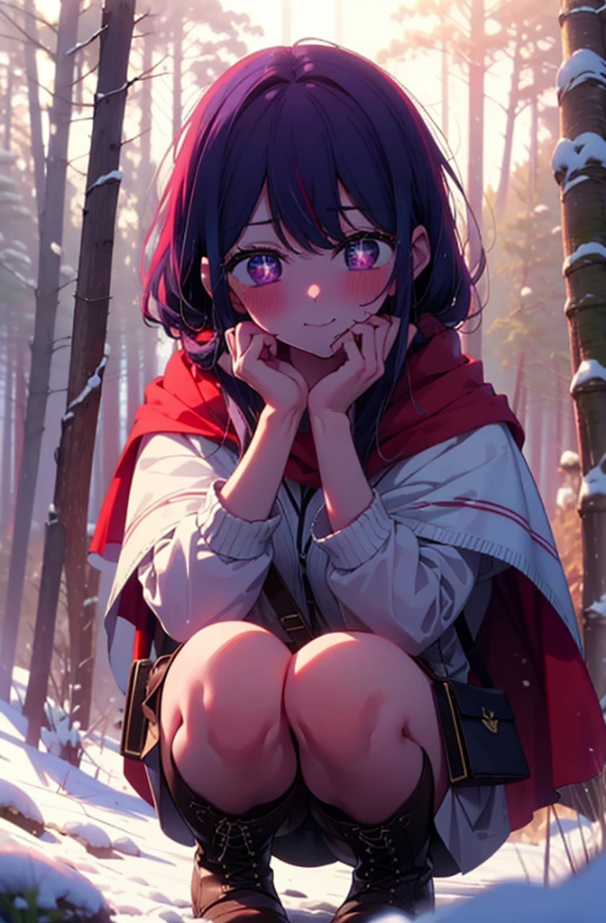 aihoshino, Ai Hoshino, Long Hair, bangs, (Purple eyes:1.1), Purple Hair, (Symbol-shaped pupil:1.5), smile,,smile,blush,white breath,
Open your mouth,snow,Ground bonfire, Outdoor, boots, snowing, From the side, wood, suitcase, Cape, Blurred, , forest, White handbag, nature,  Squat, Mouth closed, Cape, winter, Written boundary depth, Black shoes, red Cape break looking at viewer, Upper Body, whole body, break Outdoor, forest, nature, break (masterpiece:1.2), Highest quality, High resolution, unity 8k wallpaper, (shape:0.8), (Beautiful and beautiful eyes:1.6), Highly detailed face, Perfect lighting, Highly detailed CG, (Perfect hands, Perfect Anatomy),