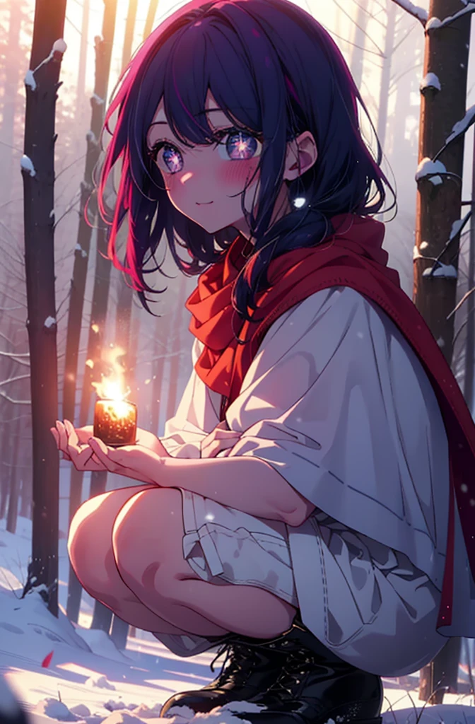 aihoshino, Ai Hoshino, Long Hair, bangs, (Purple eyes:1.1), Purple Hair, (Symbol-shaped pupil:1.5), smile,,smile,blush,white breath,
Open your mouth,snow,Ground bonfire, Outdoor, boots, snowing, From the side, wood, suitcase, Cape, Blurred, , forest, White handbag, nature, Squat, Mouth closed, Cape, winter, Written boundary depth, Black shoes, red Cape break looking at viewer, Upper Body, whole body, break Outdoor, forest, nature, break (masterpiece:1.2), Highest quality, High resolution, unity 8k wallpaper, (shape:0.8), (Beautiful and beautiful eyes:1.6), Highly detailed face, Perfect lighting, Highly detailed CG, (Perfect hands, Perfect Anatomy),
