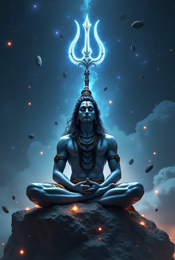 Creat image of hindu god mahadev sitting at travel lot of small meteorite behind with big trident made of dark matter light in space and at behind dark matter