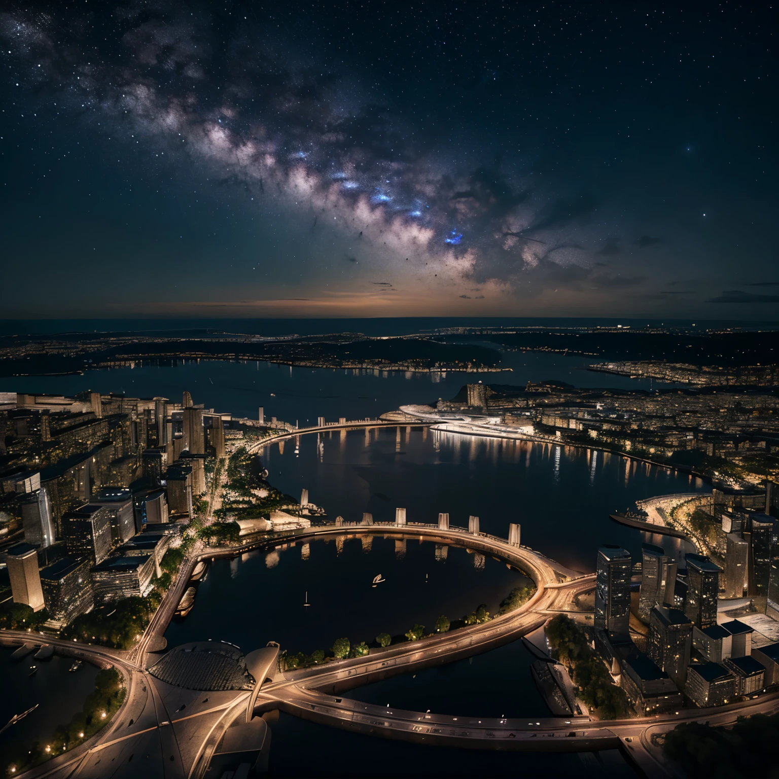 A starry sky sparkling in a pitch black expanse that draws you in、
Three-dimensional clouds、
High resolution（8k）、Ultra-high precision、Realistic texture、The city below、horizontal line、Vast、Panorama、Rear Stick、Brilliant、masterpiece、Milky Way、curve、Bird&#39;s Eye View、Looking down from above