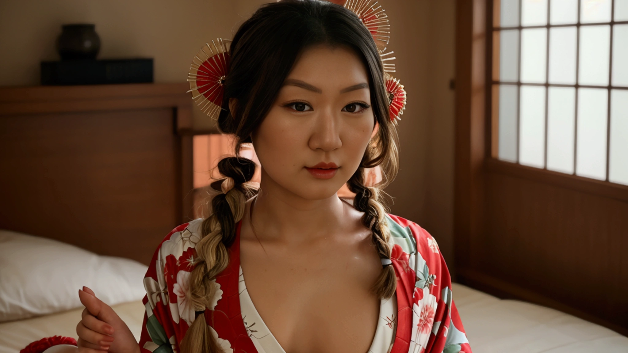 8k masterpiece, 1girl, 2, hair in a loose braid, asian girl, (highly detailed face), highly detailed skin, small breasts, perfect hips, wide hips, round ass, highly detailed skin, slut, anal dildo, sitting on dildo, background: messy bedroom, cinematic lighting, dark lighting, movie still, view from front, (kimono, japanese sandals, high heels, geisha, oiran), standing