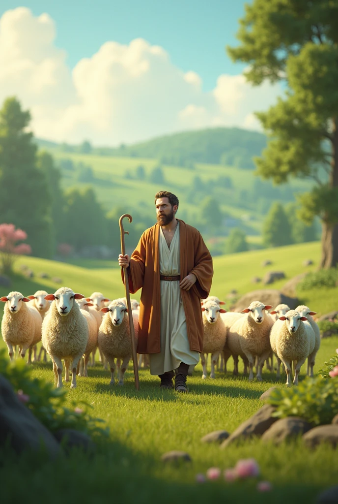 Create an image of an evangelical church pastor, herding sheep in a very green place, bonitas