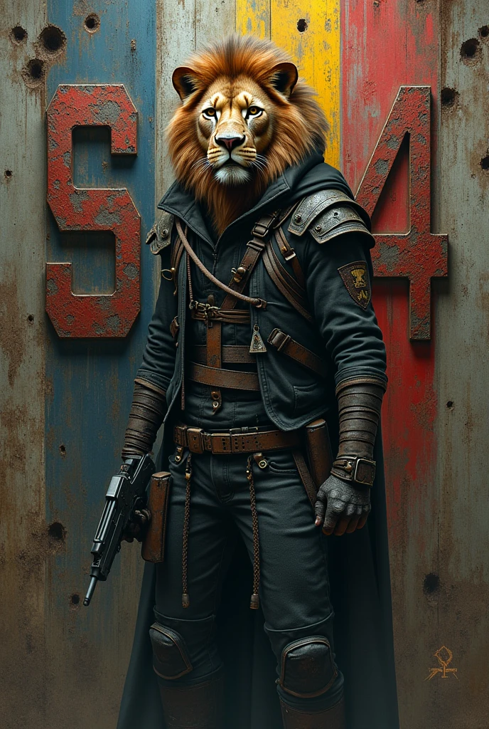 The letters "S34 PACOKILLER" in rusty iron and bullet holes behind a lion dressed as a cyberpunk style assassin with a gun and a war background and the flags of Spain and France together