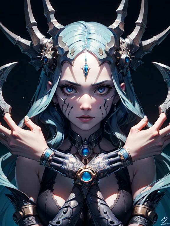lady death as a lich, ((science-fiction scenery)), ((hi-tech civilization)), intricate details, highly detailed, extreme detail, fine art, best quality, highres, (detailed face:1.5), ((full_body)), UHD, (((perfect hands))), low light