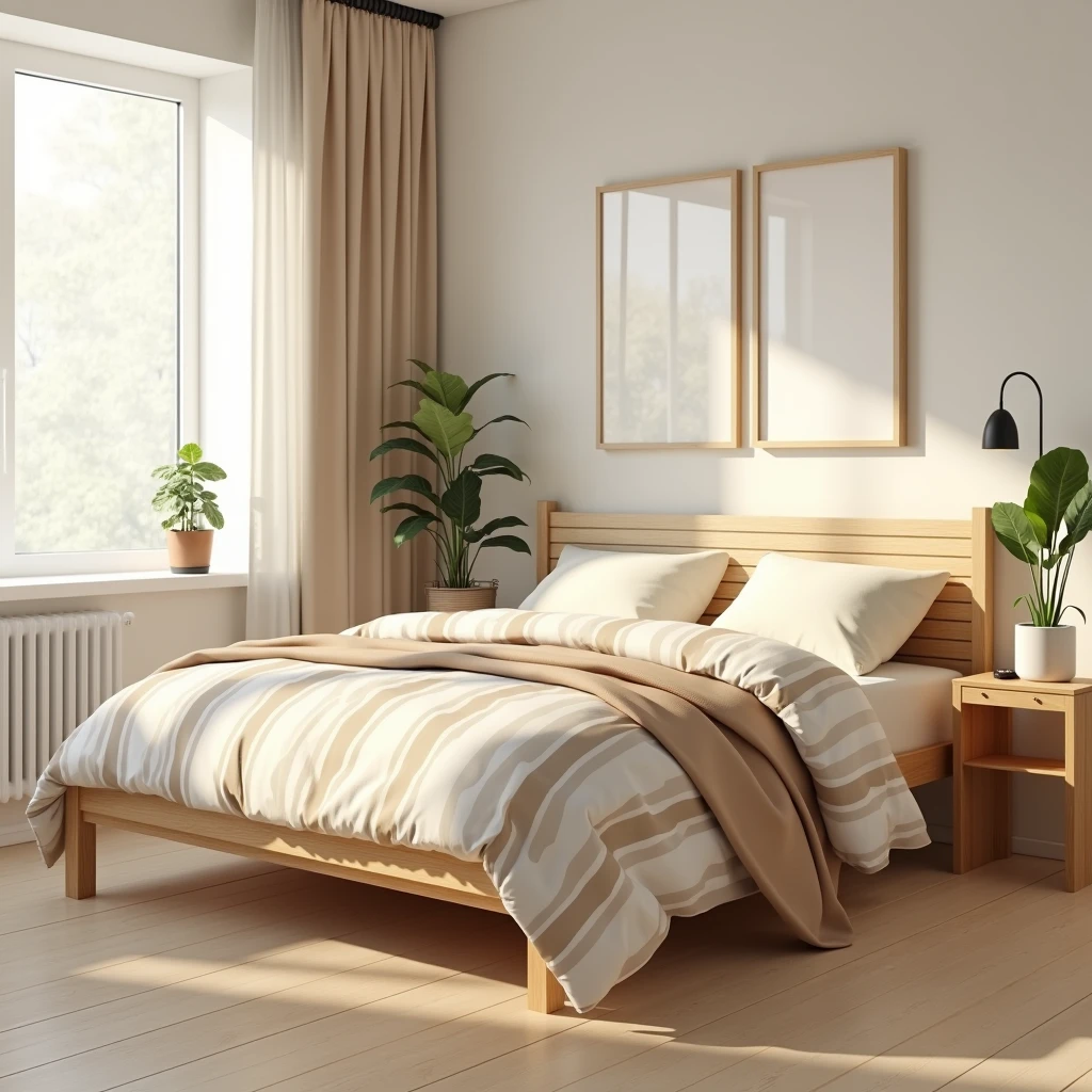 An ultra-realistic bedroom scene featuring a neatly made bed with warm beige and white striped bedding. Above the bed, there is a framed artwork hanging on the wall, with a large window bringing in soft natural light. Next to the window, a small wooden side table holds potted plants, while a floor lamp with a minimalist design adds warmth to the space. The room has light wooden floors, neutral walls, and a cozy, modern atmosphere. The details, such as the texture of the bedding, the reflections on the window, and the subtle shadows, create a realistic and inviting environment