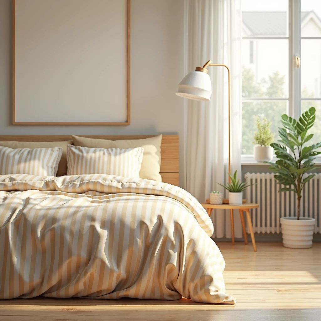 An ultra-realistic bedroom scene featuring a neatly made bed with warm beige and white striped bedding. Above the bed, there is a framed artwork hanging on the wall, with a large window bringing in soft natural light. Next to the window, a small wooden side table holds potted plants, while a floor lamp with a minimalist design adds warmth to the space. The room has light wooden floors, neutral walls, and a cozy, modern atmosphere. The details, such as the texture of the bedding, the reflections on the window, and the subtle shadows, create a realistic and inviting environment