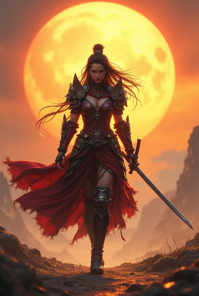 a female warrior walking, side view, katana, big yellow sun in background, highly detailed, digital painting, photorealistic, 8k, ultra-detailed, masterpiece, sharp focus, physically-based rendering, vivid colors, dramatic lighting, epic fantasy