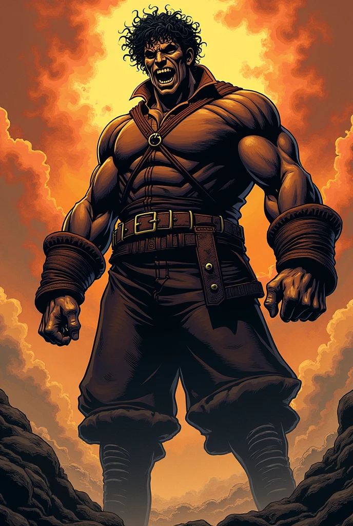 a brown-colored executioner, of tall stature, broadshouldered, black curly hair getting angry, with manga art