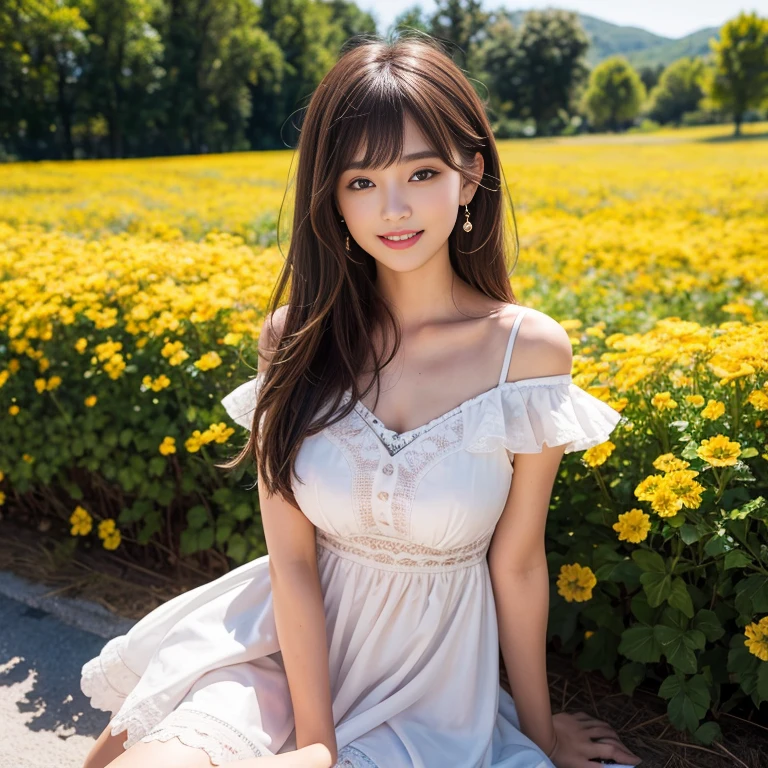 laughing out loud，travel scenery photos，Wear a cute dress，dress with yellow flowers，1 female, On the face, light brown hair, blunt bangs, hair behind ears, Shoulder-length hair, long hair, Slender body type, 超face slimming型, face slimming, delicate lips, beautiful eyes, Thin blush, Eyes are light brown,View here, (actual:1.3), One person's perspective, 8k, Super detailed, high quality, best quality, High resolution，2,above knee shot，Breast protrusion