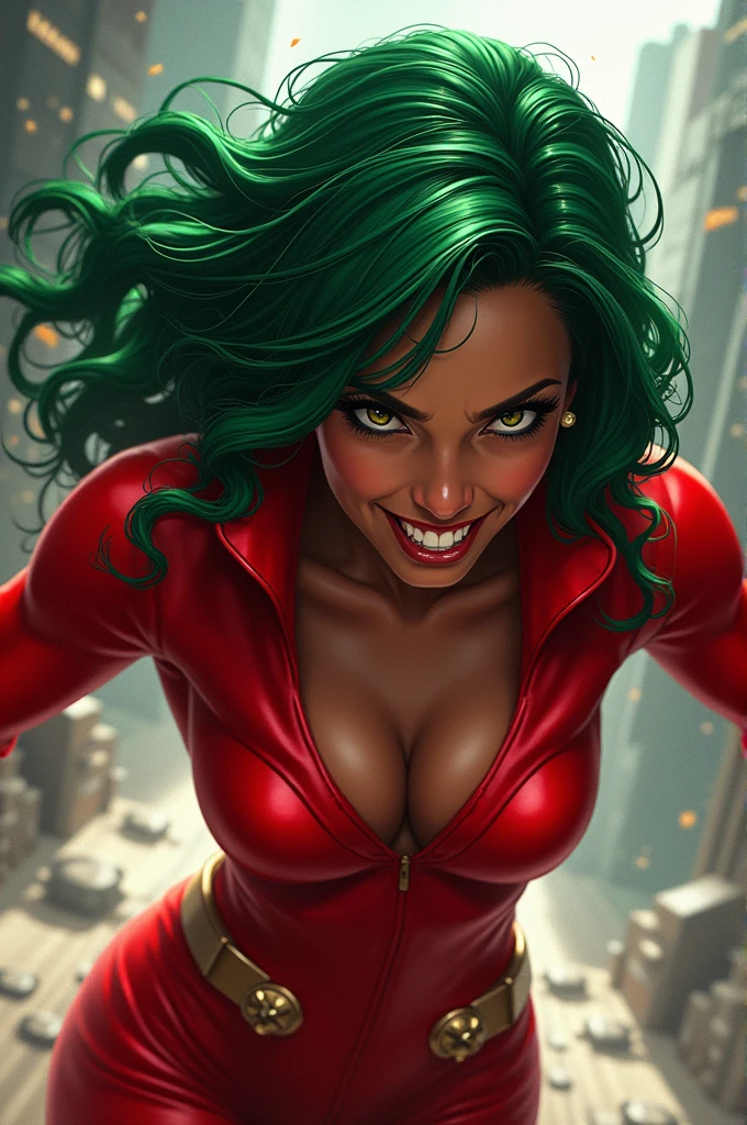 RedSheHulk, yellow eyes, red skin,
cityscape, night,
smug,