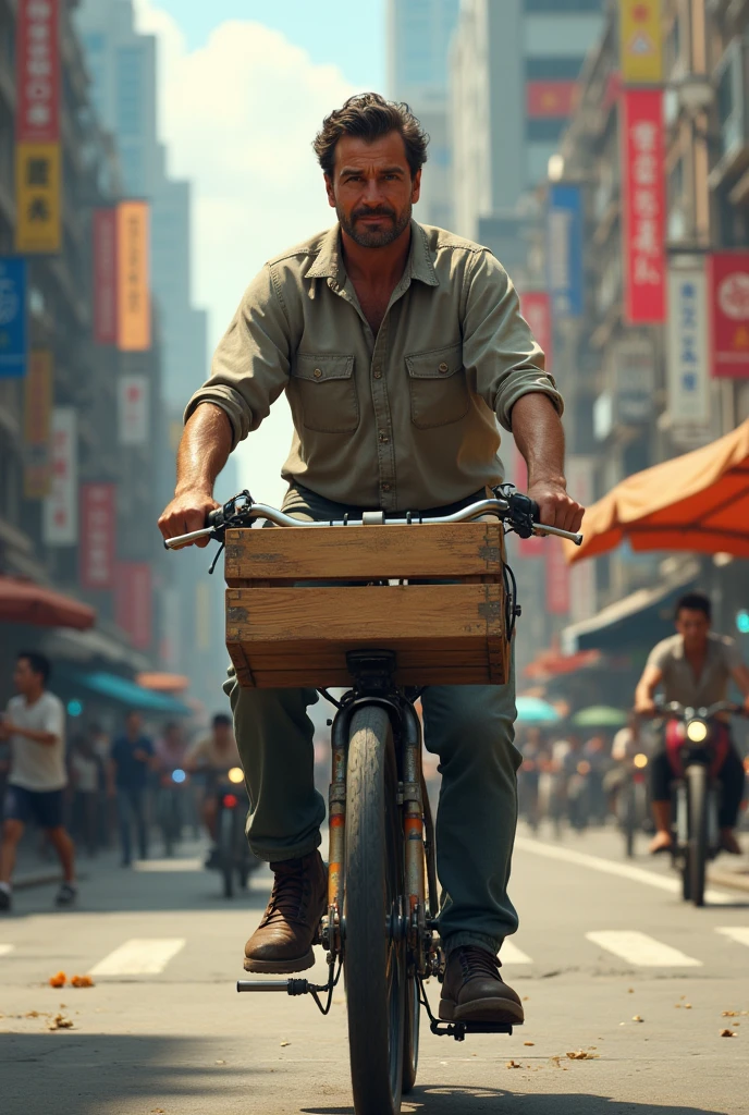 Man on bicycle with crate on grill