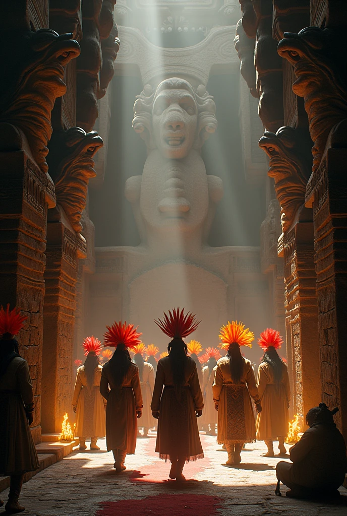 Incas with feathers on their heads enter the temple of Viracocha, There are torches in the temple, Inside the temple there are stone statues of llama, bicuña and alpaca