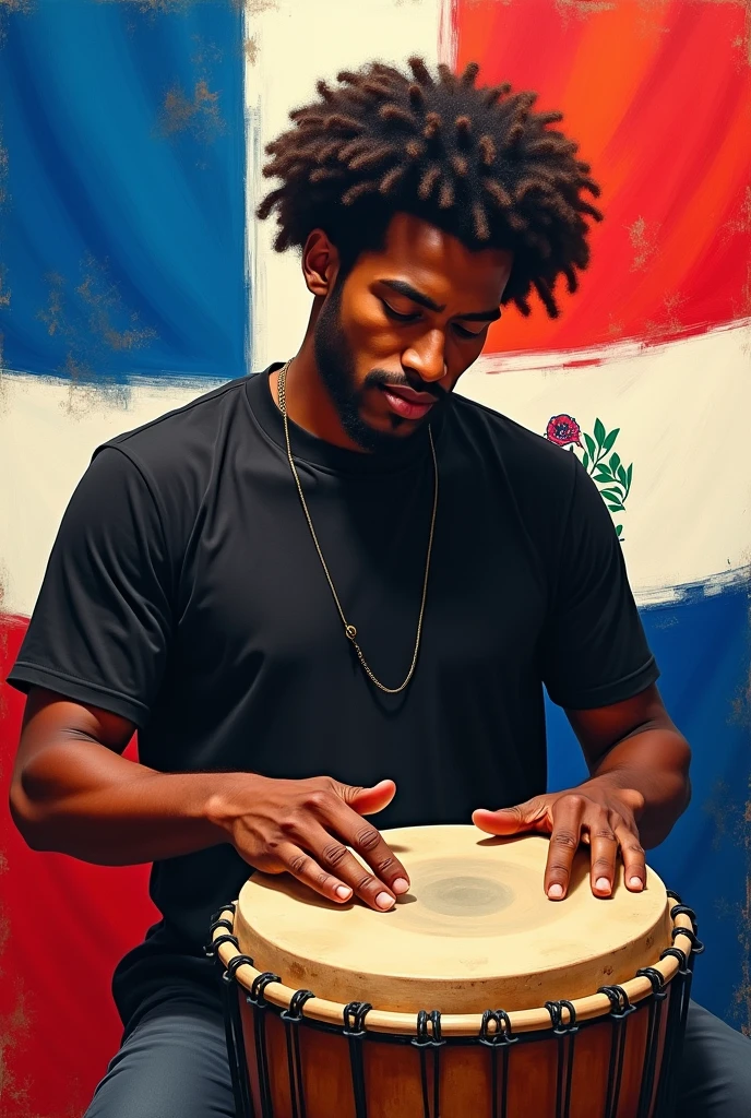 paintings by a 1 man, who is a musician, plays the Dominican drum, He is African brown, She has 4c curly hair, He wears a black shirt, He is only seen from the torso up while he plays the drum. Behind him is the Dominican flag.