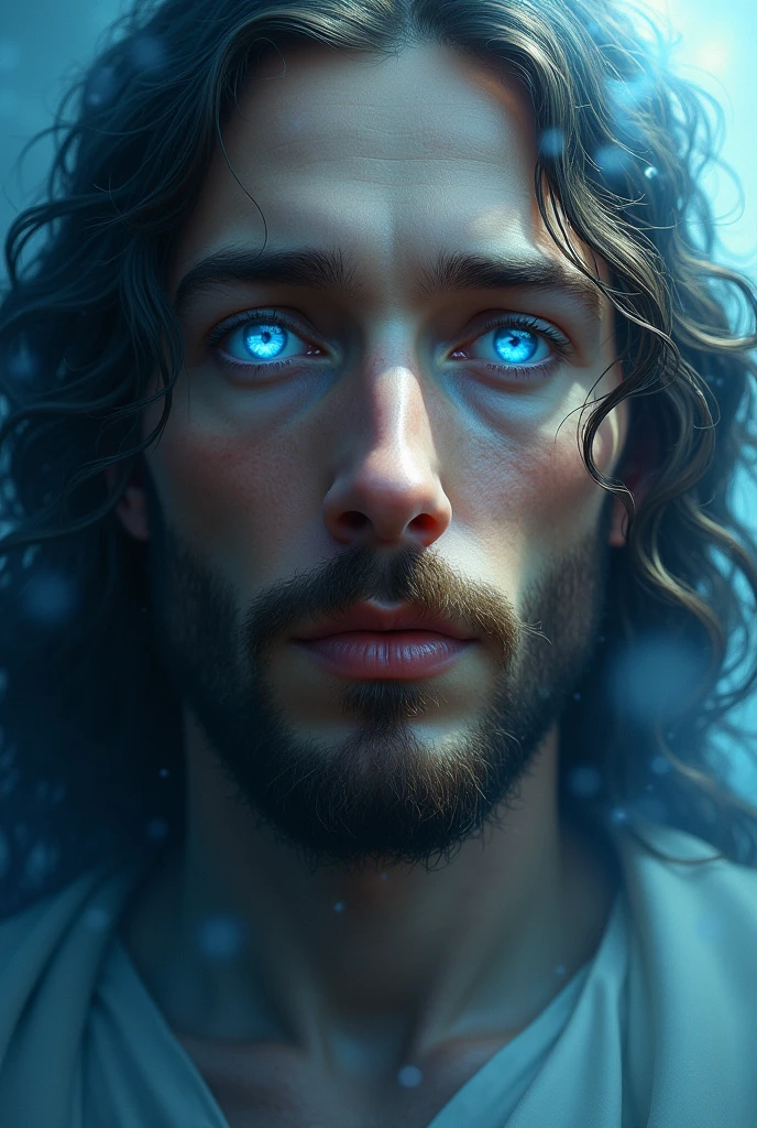 Jesus staring at you with beautiful sky-colored eyes 