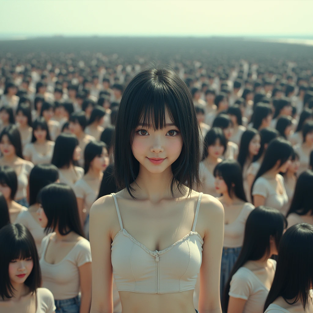 (((((Japanese Clone girls=Myself)))))), (((Best Super High quality Myself Clone girls Raw Photography Art))), (16K, Highest quality, Ultra-high resolution, RAW Photos), (((It's so unrealistic., With unparalleled depiction, With an unfathomable sight, An unprecedented and shocking worldview, Clone girls in a world of mass reproduction, Ultra-realistic))), (((Japanese, woman, 20yo, Saito-Asuka))), (Small face, ((Thick black hair, Semi-long hair))), ((V-neck short-sleeve dress)), (((((Very detailed美しい女体, Accurate body structure, Very detailed完璧な, Super busty body with very large breasts, Clearly emphasizes cleavage))))), (((Dark Eyes, Mature face, Cute Smile, A gentle gaze))), (((Her happy and smiling expression is so cute))), ((((((((Very detailed分身増殖描写, ((1girl→Myself cloning→1,000,000,000,000,000,000,000,000,000,000,000,000,000,000,000,000,000,000,000,000Myself Clone girls)))))))))), ((((((((Very detailed, The precise depiction of the proliferation of Myself Clone girls, ((With the perfectly identical bodies of Myself clone girls, With the exact same face as the Myself clone girls, With the exact same hairstyle as the Myself clone girls, In the exact same clothes as the girls who are my clones, Perfectly the same height as the Myself clone girls, Super big breasts, just like the Myself clone girls)))))))))), (((Myself clone girls only))), (((Very detailed depiction, (A group of Myself clone girls hugging each other, A large gathering of Myself clone girls, Fun conversations among crowds of Myself clone girls, A fun conversation among a crowd of Myself clone girls, Let's have some lovey-dovey sex with a crowd of Myself Clone Girls!, Multiple Myself clone girls walking together in a crowd, turn around, The approaching crowd of Myself)))), (((Everyone looks at the camera))), (((Unbelievably crowded, Transcendent Myself clone girls intimately, Countless Myself clone girls surround you in 360 degrees))), (Bright, soft sunlight), (((Very wide field of view, Very detailed, Detailed ultra-perspective depiction with clear depth, super wide view))), (((((Where the huge crowd of over tens of millions of Myself groups come together))))), (((Very photographic and detailed depiction, Myself clone girls will multiply infinitely and fill the surroundings from one side to the horizon with their bodies tightly packed together without any gaps., A scene of endless Myself clone girls, giving a happy vibe.))), (Focus on the average value of the image)