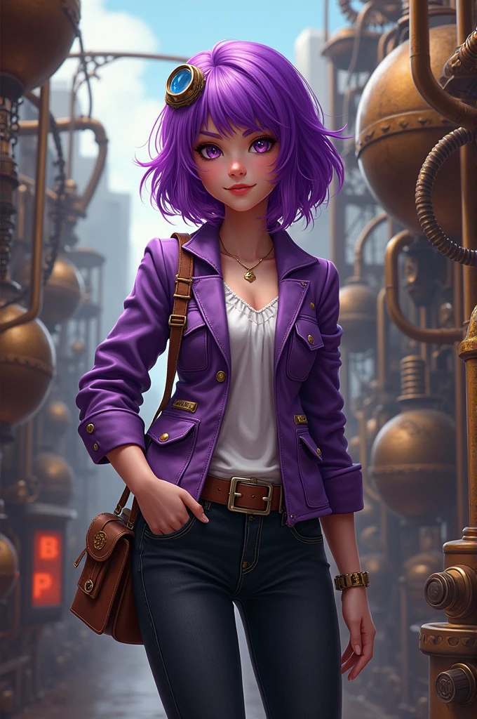 Maria Chiquinha, cabelo roxo, short, purple jacket with pockets, black jeans pants, bluza branca
(Entrapta(
Ocluinhos steam punk