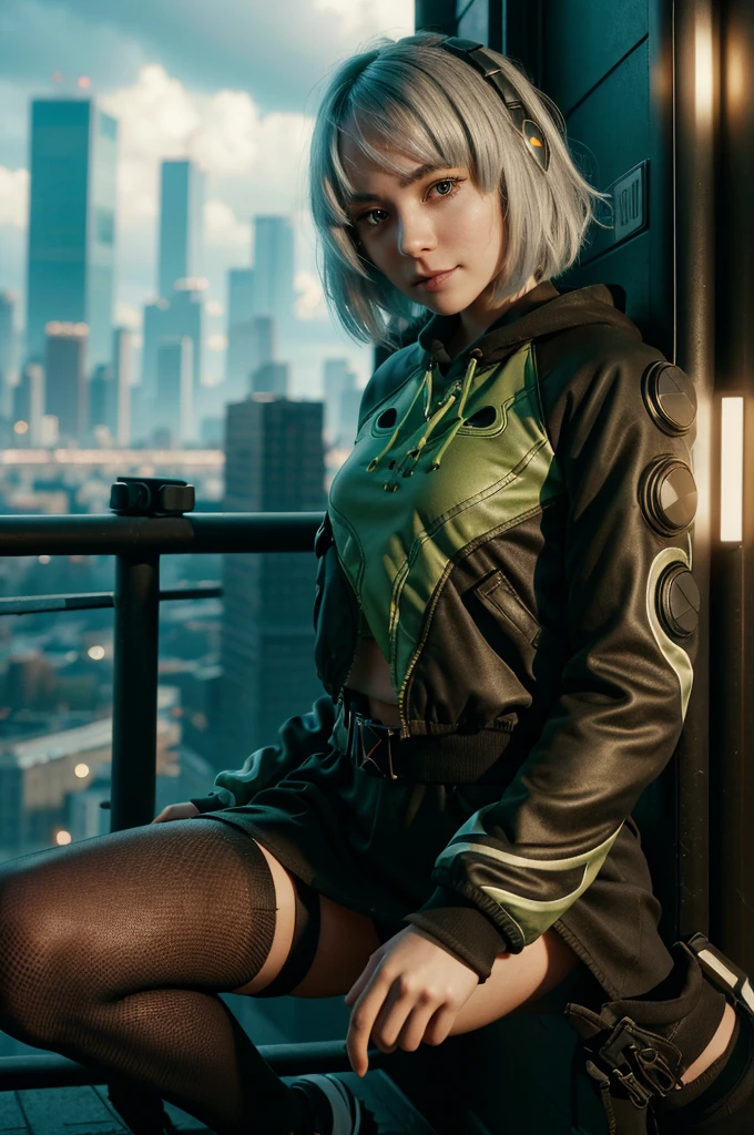 A young girl in realistic portrait of high quality and detail, movie style, Anby Demara (Zenless Zone Zero), She has short silver hair and light brown eyes. She wears a short black skirt and a green suit, long black knee socks, green sneakers and black sports underwear, pale skin, european girl, medium breast, futuristic style, cyberpunk style, happy look, glow, eye shadow, 1girl, Depth & Perspective, smiling face, fine face, She's standing in the cyberpunk street, outdoors, skyscrapers in a modern style in the background, daylight, clouds, blue sky, looking at viewer, (ultra-high detail:1.2), Masterpiece, Best Quality, Ultra-detailed, Cinematic lighting, 8K, delicate features, cinematic, 35 mm lens, f/1.9, highlight lighting, global lighting –uplight –v 4, cinematic, Cinematic lighting, 8K, high quality, Highest Quality, (Solo Focus), (extremly intricate:1.3), (Realistic), masterful, Analog style, (Film grain:1.5), (cold tone),