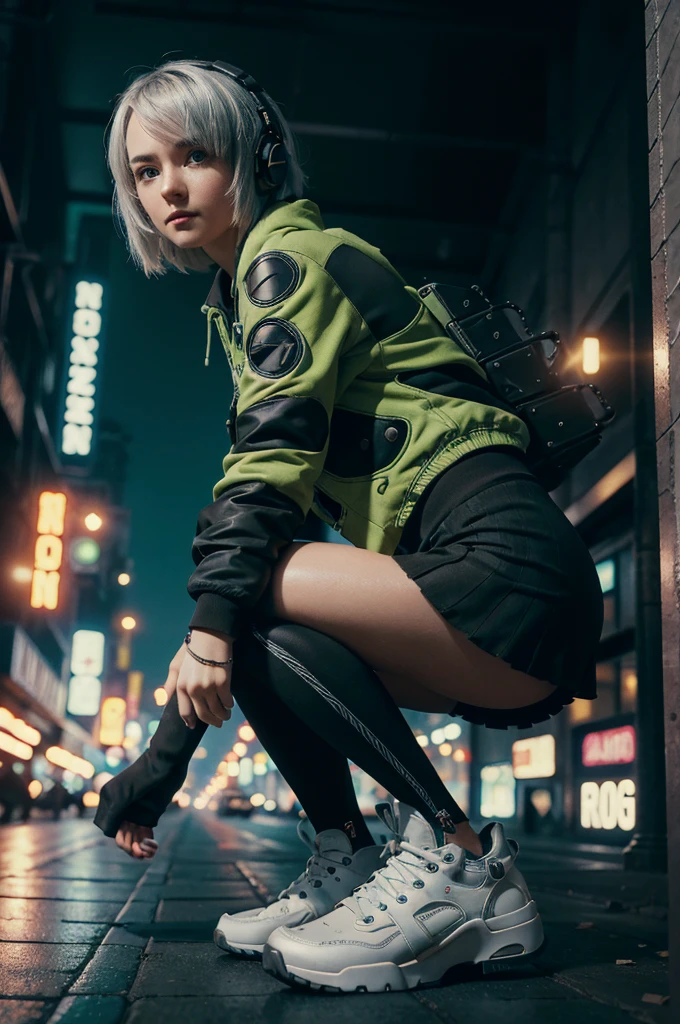 A young girl in realistic portrait of high quality and detail, movie style, Anby Demara (Zenless Zone Zero), She has short silver hair and light brown eyes. She wears a short black skirt and a green suit, long black knee socks, green sneakers and black sports underwear, pale skin, european girl, medium breast, futuristic style, cyberpunk style, happy look, glow, eye shadow, 1girl, Depth & Perspective, smiling face, fine face, She's standing in the cyberpunk street, outdoors, skyscrapers in a modern style in the background, daylight, clouds, blue sky, looking at viewer, (ultra-high detail:1.2), Masterpiece, Best Quality, Ultra-detailed, Cinematic lighting, 8K, delicate features, cinematic, 35 mm lens, f/1.9, highlight lighting, global lighting –uplight –v 4, cinematic, Cinematic lighting, 8K, high quality, Highest Quality, (Solo Focus), (extremly intricate:1.3), (Realistic), masterful, Analog style, (Film grain:1.5), (cold tone),