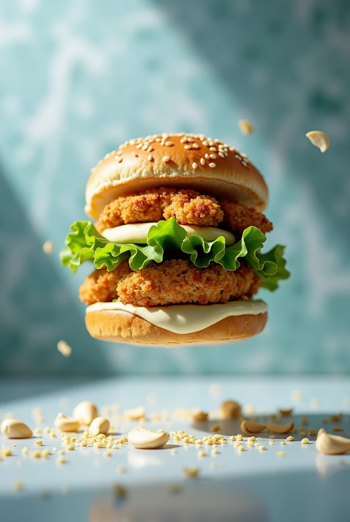 A garlic chicken burger levitating on a cool-toned marble background, with the burger layers separated in the air to highlight the crispy chicken, fresh lettuce and creamy garlic sauce. The lighting is bright and clean, with a beam focused from above to accentuate the bright textures of the bread and the rich, creamy aioli sauce. Background blur adds depth, with garlic cloves subtly sprinkled throughout to emphasize the flavor profile. La composición es minimalist y elegante, with the burger as the undeniable focal point, energetic, dramatic, product images, minimalist, 50mm lens, depth of field background, frozen movement, Exciting, immaculate, hyperrealistic, Canon 1Dx camera
