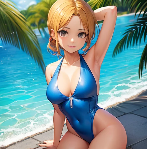 Sexy girl in one piece swimsuit with V-shaped monokini thong