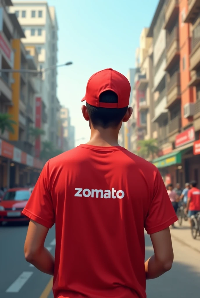 A Zomato dilivery boy in the city of india Surat gujrat in red colour t shirt 
