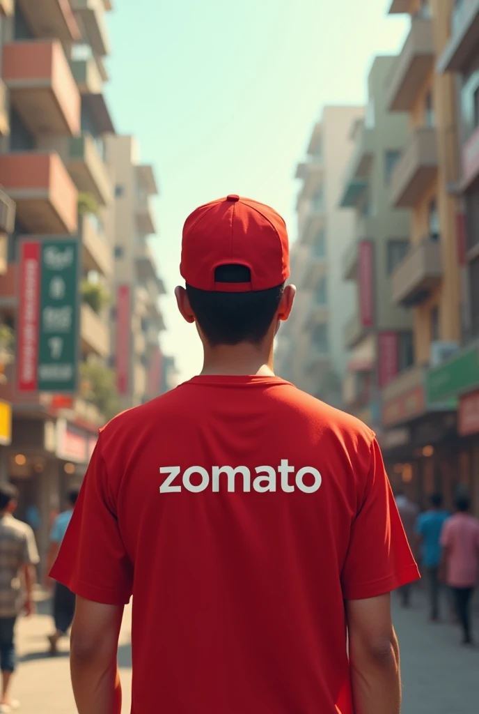 A Zomato dilivery boy in the city of india Surat gujrat in red colour t shirt 
