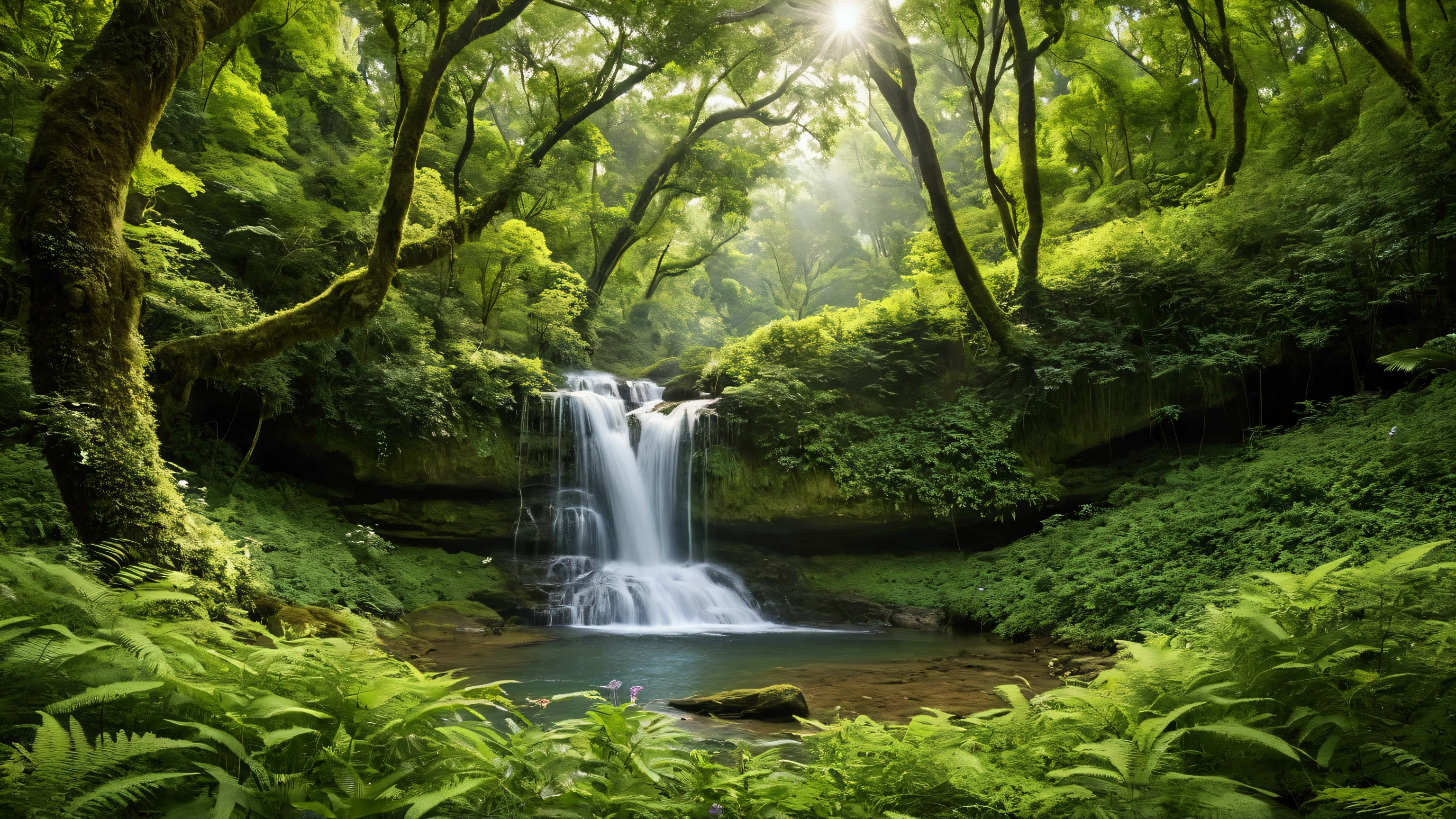 A tranquil, high-resolution image capturing the serene experience of being deep in a lush green forest. This is vast forest, towering emerald trees stretch towards the sky, their dense foliage creating a natural canopy. Sunlight filters through the leaves, casting dappled patterns on the forest floor. Through the gaps in the trees, a clear blue sky with fluffy white clouds is visible. In the distance, two cascading waterfalls—one large and one smaller—pour down gracefully, their white streams blending with the green surroundings. A crystal-clear stream flows gently from the base of the waterfalls, winding through a vibrant carpet of lush grass dotted with colorful wildflowers. A playful squirrel leaps across the scene while birds flutter gracefully among the trees, adding life and movement to this peaceful, nature-filled setting.