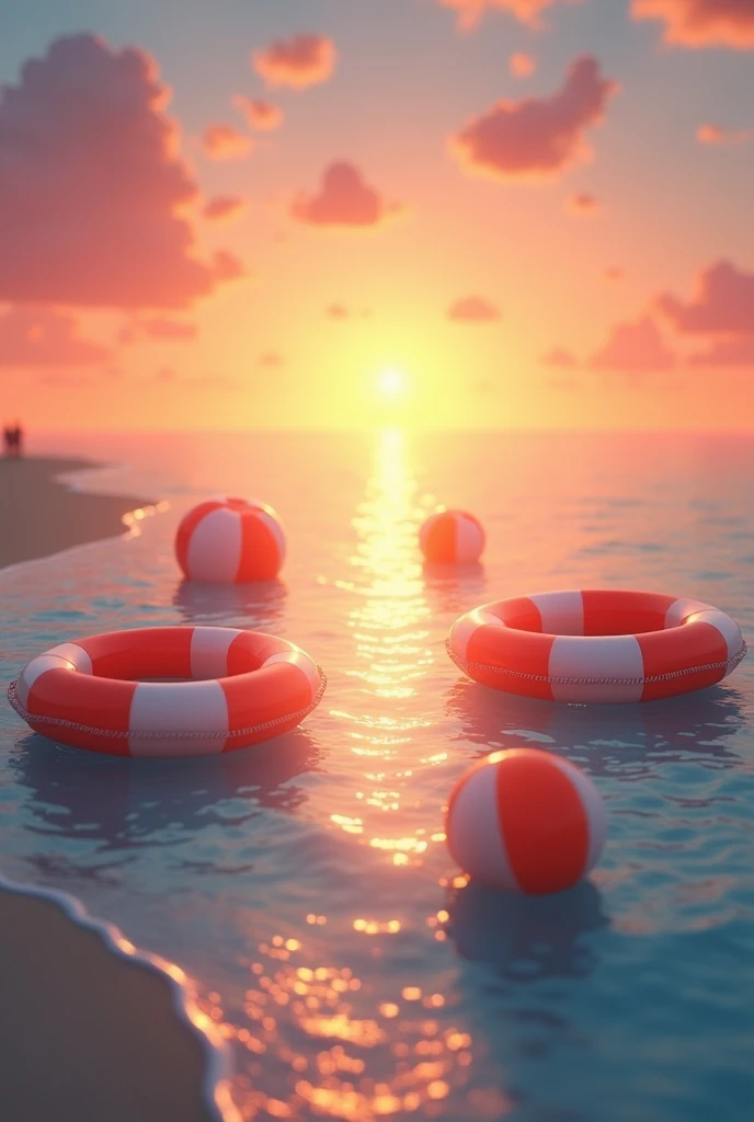 generate a high quality imagen with a beach at sunset, floating round life preservers and floating beach balls, camera setting 16 mm, f22, speed obturator 1/125