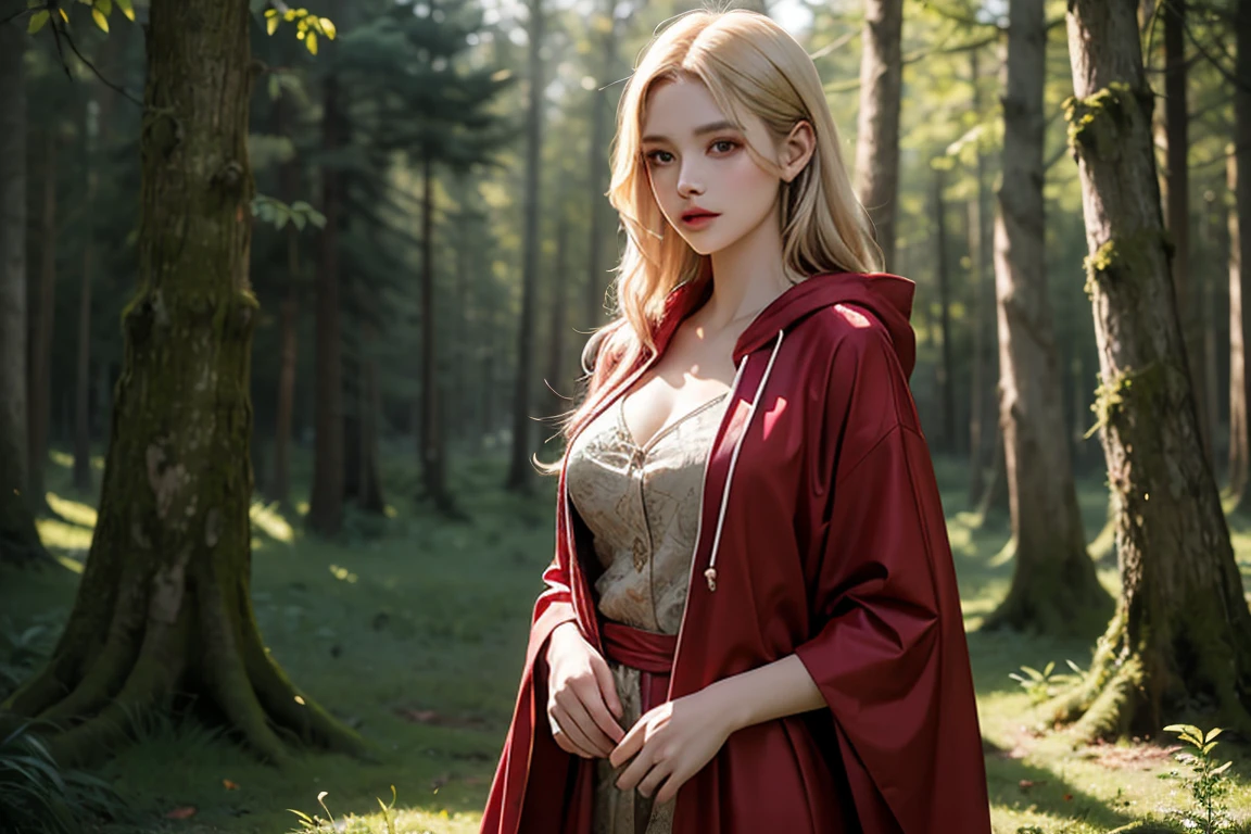 a beautiful young woman with long flowing blonde hair, wearing a red hooded cloak, flowing red dress, delicate facial features, large breasts, standing in a fantasy forest landscape, magical glowing lights, cinematic lighting, highly detailed, 8k, photorealistic, intricate details, fantasy art
