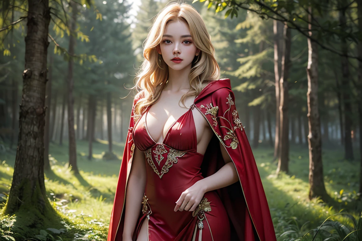 a beautiful young woman with long flowing blonde hair, wearing a red hooded cloak, flowing red dress, delicate facial features, large breasts, standing in a fantasy forest landscape, magical glowing lights, cinematic lighting, highly detailed, 8k, photorealistic, intricate details, fantasy art
