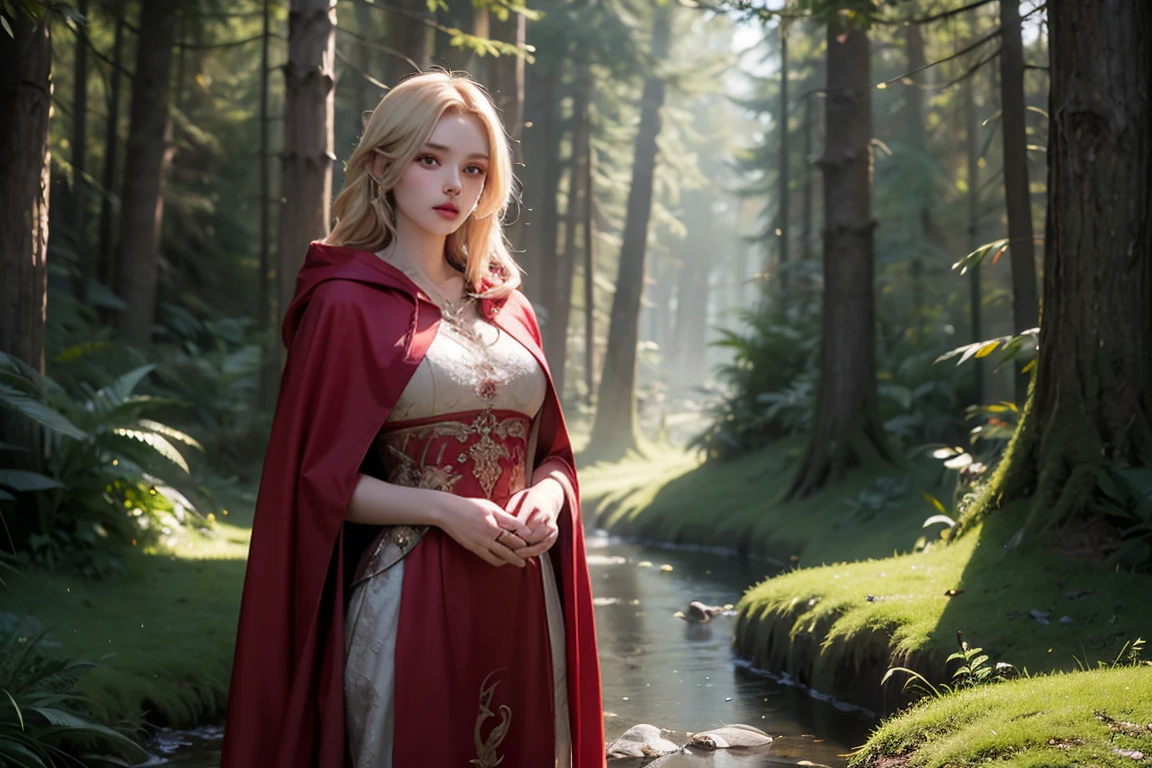 a beautiful young woman with long flowing blonde hair, wearing a red hooded cloak, flowing red dress, delicate facial features, large breasts, standing in a fantasy forest landscape, magical glowing lights, cinematic lighting, highly detailed, 8k, photorealistic, intricate details, fantasy art
