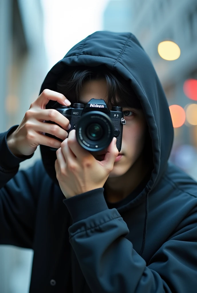 A young Korean man taking a photo with a hood
