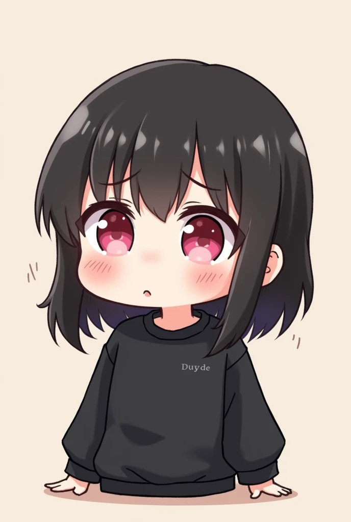 medium black hair girl with bangs, pink eyes and black sweatshirt, chibi style, confused