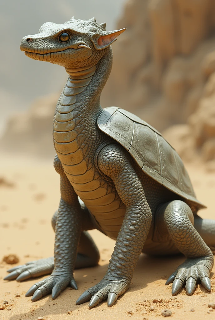 Creature with a body a mix between a python and a crocodile with a slender body and armored plated, with a long neck and the head of a matamata turtle, and the abilities of a sandfish Lizard